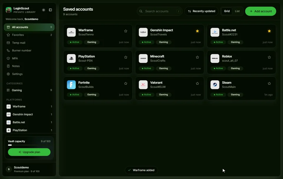 LoginScout library showing a saved gaming account