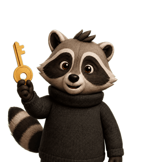LoginScout raccoon mascot holding a key, standing beside the gaming login vault headline